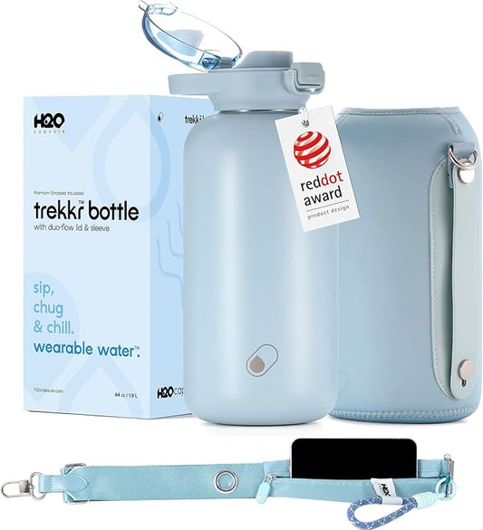 H2O Capsule Half Gallon Insulated Water Bottle With Straw - Stainless Steel Thermos Water Bottle With Sipping/Chugging Lid & Shoulder Strap For Storage - 64 oz Vacuum Flask, Keeps Hot Cold (Ice blue)