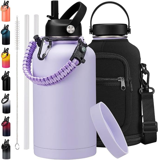 Half Gallon Water-Bottle with Straw - Paracord Handle, Straw & Flex Cap, Keep Ice Cold-48H & Hot-24H, Vacuum Insulated Water Jug with Carrier Bag, Protective Boot, Metal Insulated Water Bottle 64oz