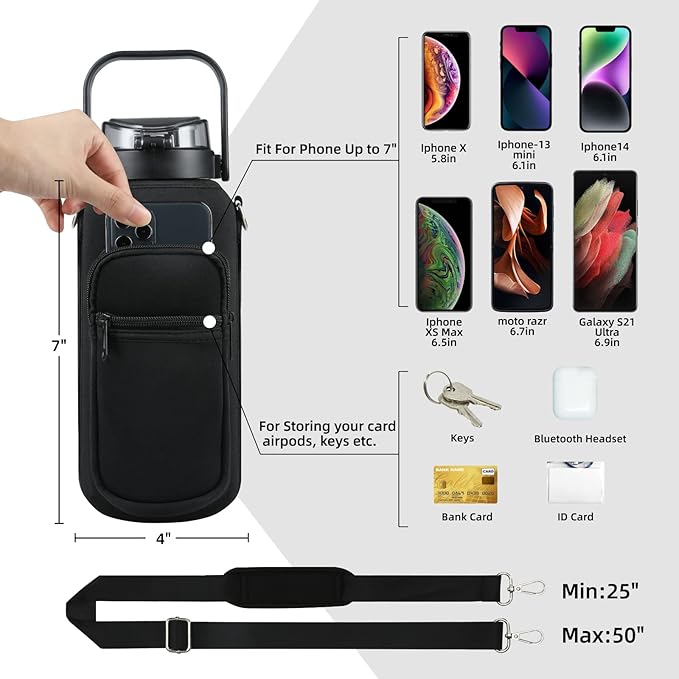 Half Gallon 64oz Glass Water Bottle with Straw and Storage Sleeve Motivational Water Bottle with Strap and Time to Drink 2L Leakproof Reusable Water Jug for Fitness Gym and Outdoors