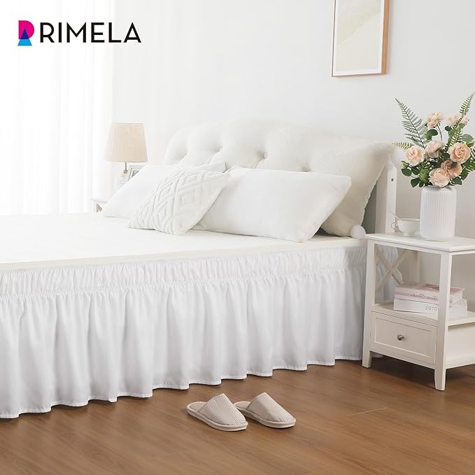 RIMELA Bed Skirt Wrap Around Elastic Dust Ruffles Solid Color Wrinkle and Fade Resistant with Adjustable Elastic Belt Easy to Install White for King & California King Size 18 Inch Drop