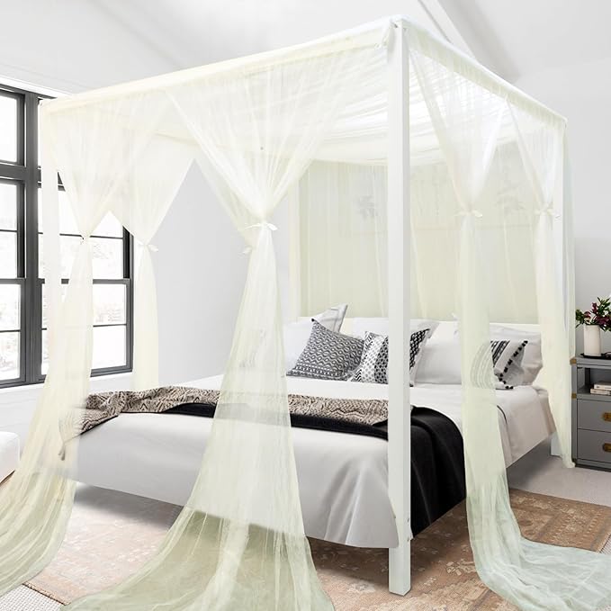 South to East Beige Canopy Bed Curtains, 4 Corner Post Bed Canopy, Top Elegant Bed Drapes for Bedroom Decor, 75D Polyester Mesh, 4 Openings, Easy Install, Bed Curtain for King/Queen Size