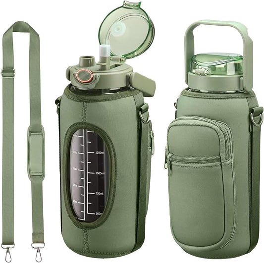 Half Gallon 64oz Glass Water Bottle with Straw and Storage Sleeve Motivational Water Bottle with Strap and Time to Drink 2L Leakproof Reusable Water Jug for Fitness Gym and Outdoors