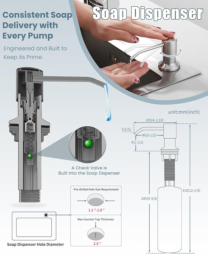 Kitchen Faucet, Kitchen Faucet with Soap Dispenser, Faucet for Camper Farmhouse RV Kitchen Sink, Single Handle Stainless Steel Kitchen Sink Faucets with Pull Down Sprayer, Nickel Brushed