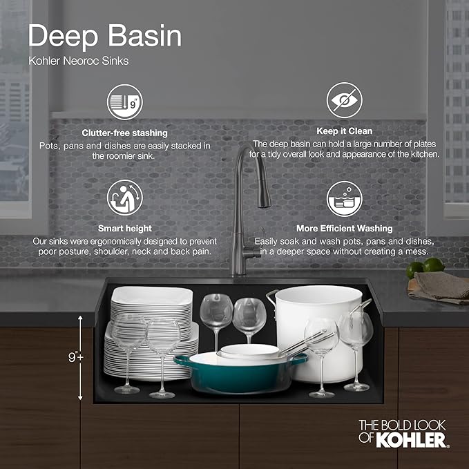 KOHLER 8206-CM6 Cairn 33-1/2" Undermount Single-Bowl Kitchen Sink, Neoroc Composite Kitchen Sink, Single-Bowl Sink with Bottom Sink Rack, Matte White