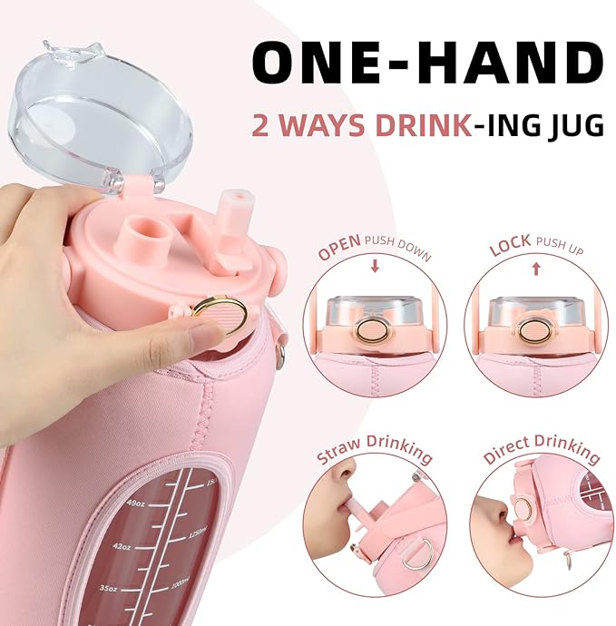 Half Gallon 64oz Glass Water Bottle with Straw and Storage Sleeve Motivational Water Bottle with Strap and Time to Drink 2L Leakproof Reusable Water Jug for Fitness Gym and Outdoors