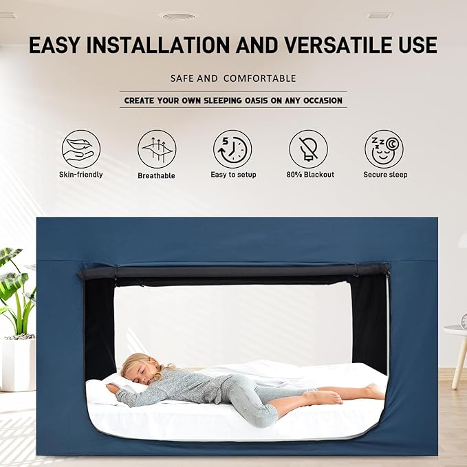 Quinnsus Bed Tent Bed Canopy Queen Size Tents for Adult and Kids - Portable Sleeping Bed Tents 80% Blackout with 4 Doors Breathable Private Space Tents(Mattress Not Included)