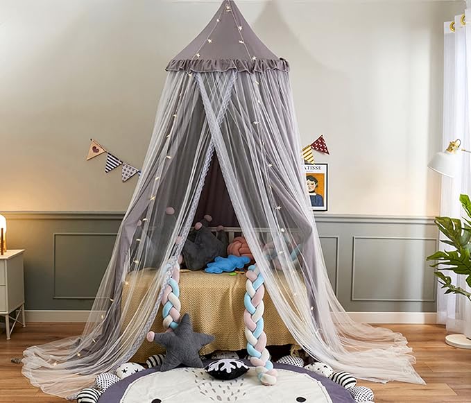 VETHIN Bed Canopy for Kids with Lights,Double Layer Princess Round Dome Children Dreamy Mosquito Net Bedding Girls Room Castle Play Tent Hanging House Decor Reading Nook Canopies(Gray/White)