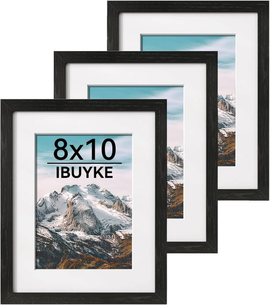 IBUYKE 8x10 Picture Frame,Set of 3,Solid Oak Wood 8x10 Photo Frame with Mat to 5x7,10x8 Picture Frames With Tempered Glass,Tabletop or Wall Mount Display,Home Decor,Black Oak 8 x 10 Frame,UWPF0810B-3