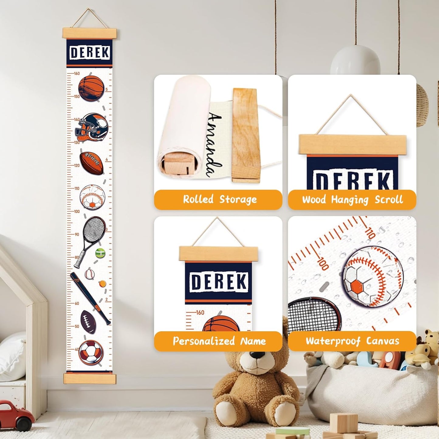 Personalized Name Growth Chart Wall Decor for Kids – Canvas Removable Height Chart Measuring Ruler 59" x 7.9" (Balls)