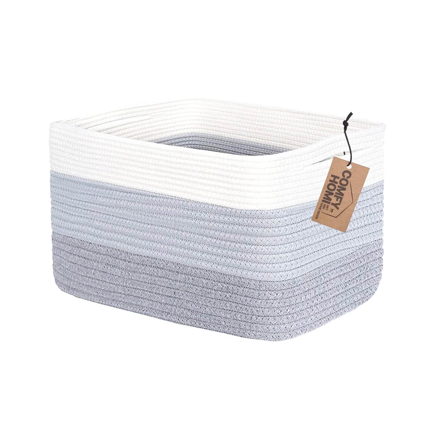 COMFY-HOMI Cotton Rope Woven Basket with Handles for Shelves,Toys,Book, Cloth Storage Baskets Bin for Organizing-13.5"x11"x9.5" Toy Decorative Organizer for Living Room, Bathroom-White/3Tone Grey