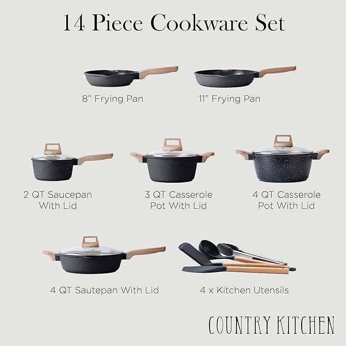 Country Kitchen Pots and Pans Set Nonstick, Cast Aluminum Kitchen Cookware Set with Utensils, 14 Pcs Non Stick Cooking Set w/Frying Pans & Saucepans