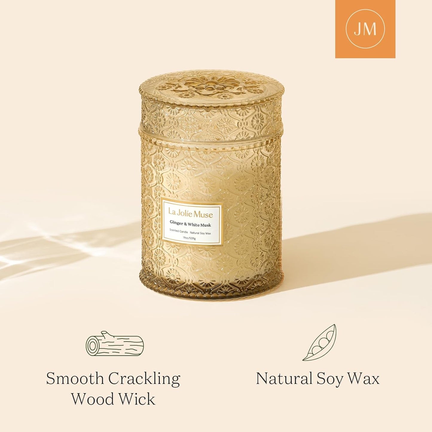 LA JOLIE MUSE Fall Candle | Ginger & White Musk Candle – Ginger, Lemongrass & Musk | 19 oz Wooden Wick | Natural Soy Wax | 90 Hours Clean Burn | Gift-Ready for Fall Transitions| Seasonal Home Décor