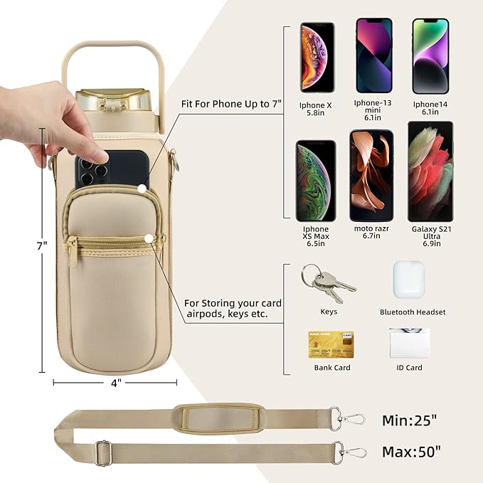 Half Gallon 64oz Glass Water Bottle with Straw and Storage Sleeve Motivational Water Bottle with Strap and Time to Drink 2L Leakproof Reusable Water Jug for Fitness Gym and Outdoors