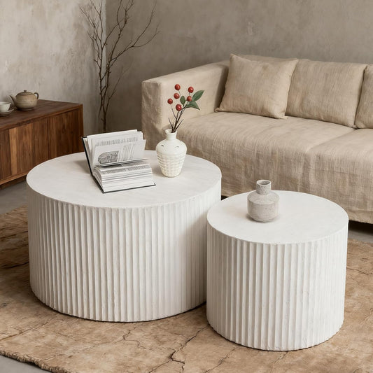 Round Nesting Coffee Table White Round Fluted Coffee Table Set of 2 for Living Room Small Circle Drum Nested Coffee Tables (White B 27in)