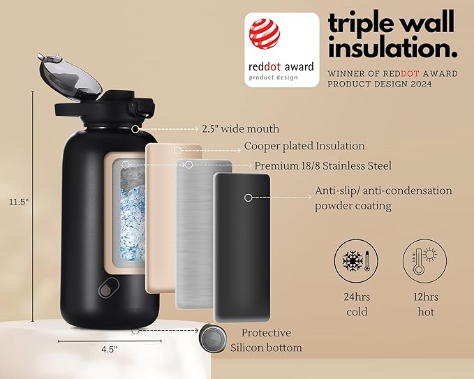 H2O Capsule Half Gallon Insulated Water Bottle With Straw - Stainless Steel Thermos Water Bottle With Sipping/Chugging Lid & Shoulder Strap For Storage - 64 oz Vacuum Flask, Keeps Hot Cold (Black)