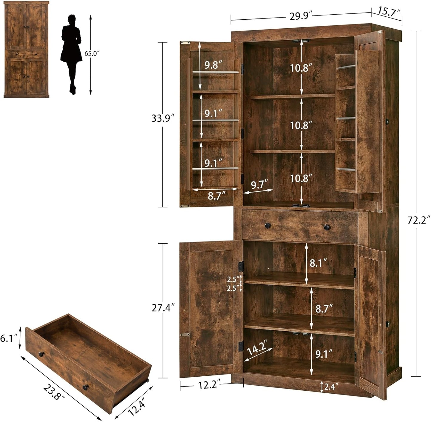 usikey 72” Kitchen Pantry Cabinet, Tall Storage Cabinet with 4 Doors and 1 Drawer, Freestanding Cupboard with 6 Hanging Shelves and Adjustable Shelves for Kitchen, Living Room, Rustic Brown