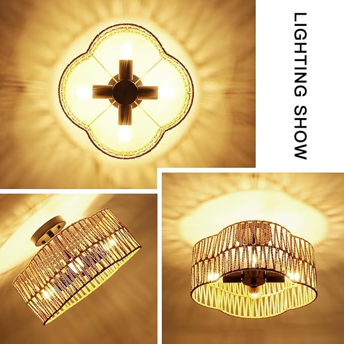 Boho Light Fixtures Ceiling Mount, 4-Light Farmhouse Rattan Ceiling Light Fixture, Semi Flush Mount Ceiling Light with Hand-Woven Shade, Modern Chandelier for Living Bedroom Kitchen Nursery