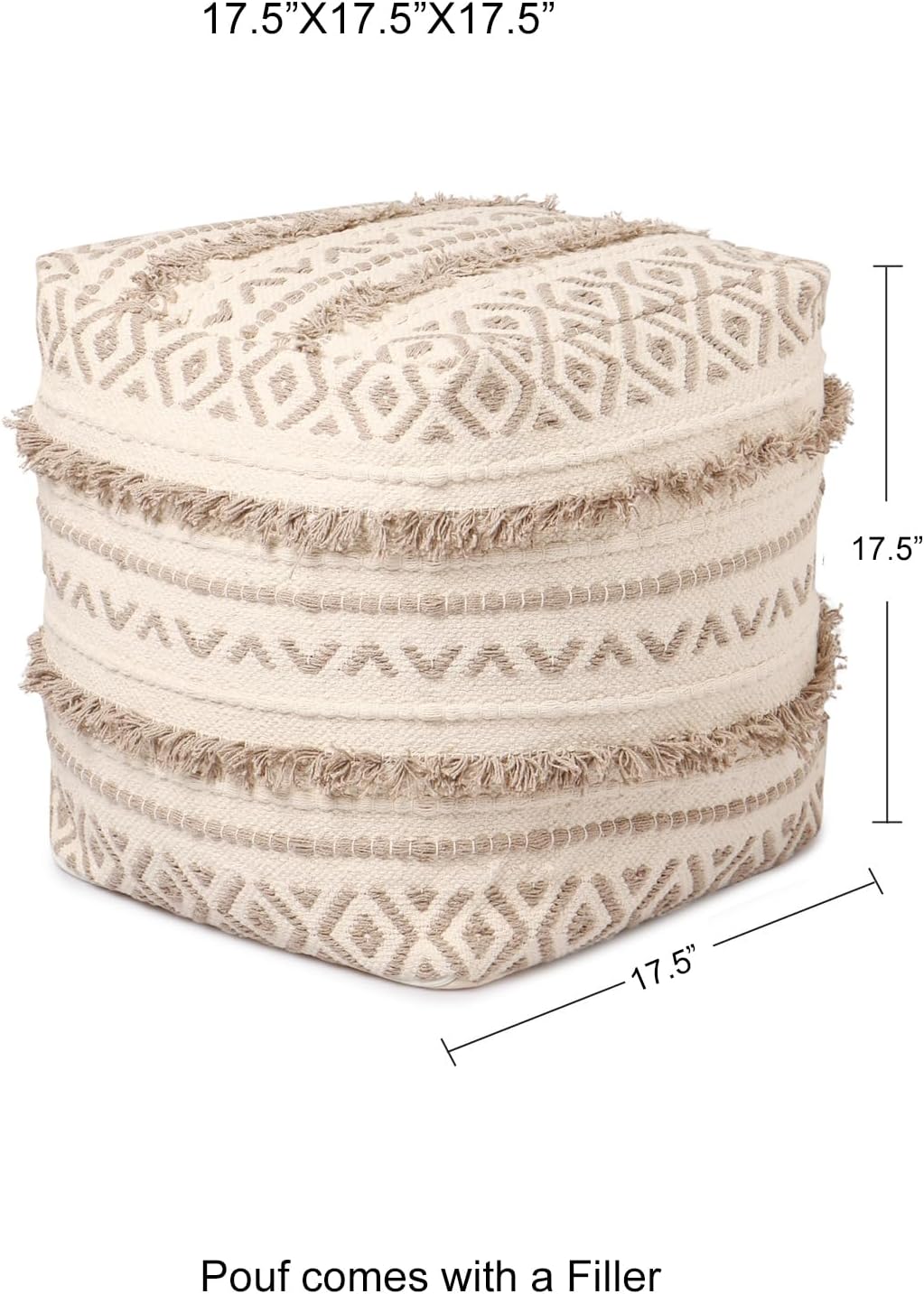 REDEARTH · Tufted Pouf Ottoman with Filler Textured Storage Cube Bean Bag Pouffe Footrest for Living Room, Bedroom, Nursery, Kidsroom; 100% Cotton (17.5"X17.5"X17.5", Geometric Craft Taupe)