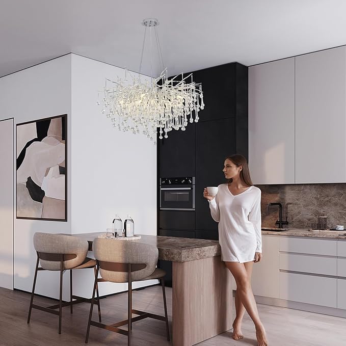 Crystal Chandeliers,Round Modern Tree Branch Chandelier,10-Light Farmhouse Raindrop Chandelier Light Fixture for Dining Room, Kitchen Island D31.5