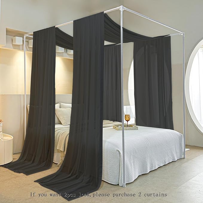 AIKASY Black Bed Canopy Scarf for Twin - Luxury Sheer Canopy Bed Curtains with Light - Suitable for Four-Poster Bed, Metal Bed Frame, Wood Bed Frame -1pic