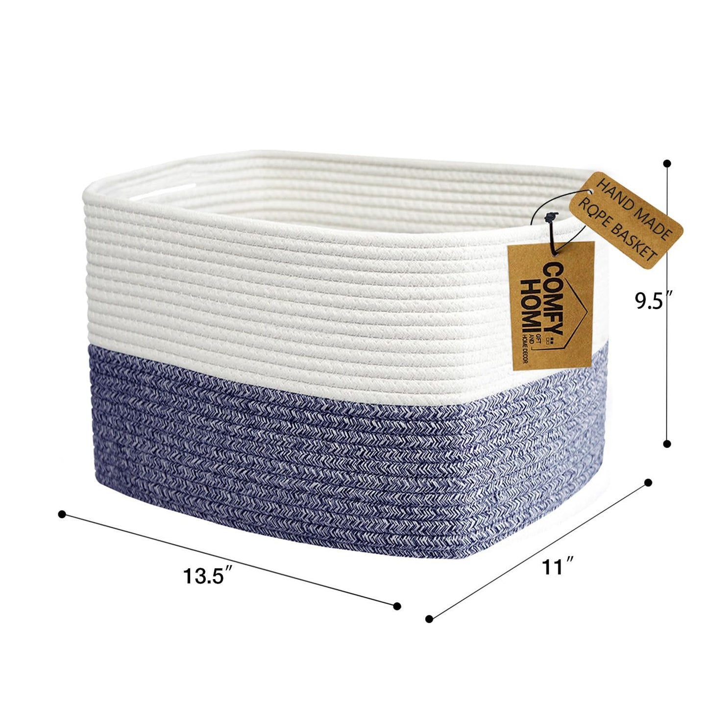 COMFY-HOMI Medium Cotton Rope Basket With Handles for Shelves|Dog Toy|Baby Gift Basket Empty for Organizing|NEW Generation 13.5" x 11" x 9.5" Living Room (Navy Blue)