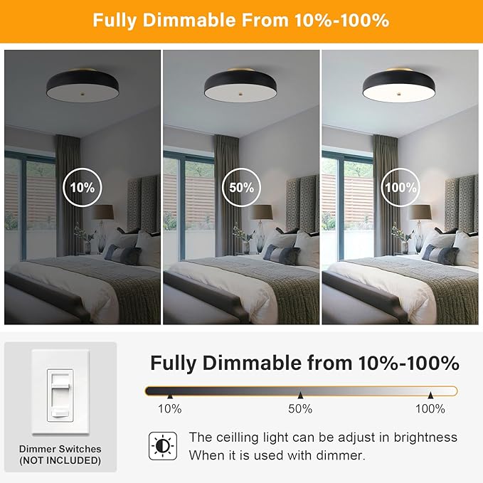 Dimmable LED Ceiling Light Fixture, 2700K-6000K 5CCT Modern Mid-Century Semi Flush Mount Ceiling Light, Black Close to Ceiling Lamp for Bedroom, Living Room, Kitchen, Laundry Room, 15.7in