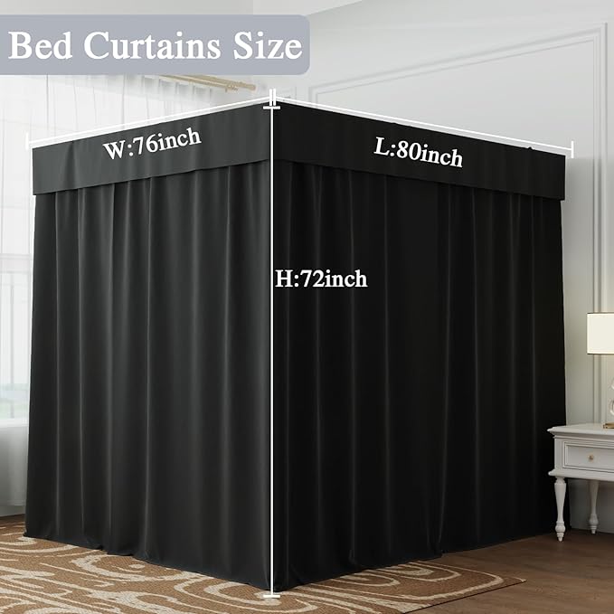 Hvqic Black Canopy Bed Curtains - 4 Corner Post Bed Curtains King Bed Curtains Lightproof Drapes Bed Canopy for Adults & Girls Bedroom Decoration (King,Black)