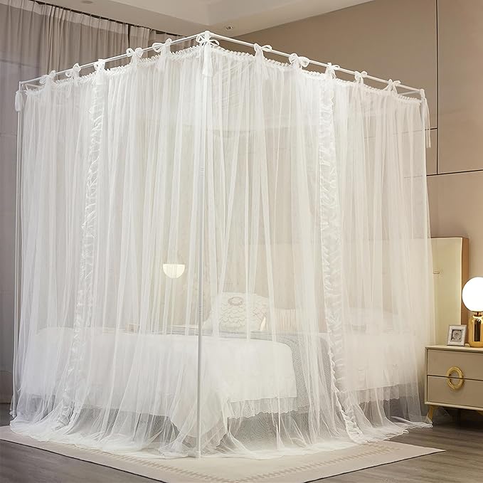 4 Corners Post Princess Curtain Bed Canopy Lace Up Double Layer 4 Opening Mosquito Net Mesh for Girls Bedroom Decoration(White, 64" W*82" L*82" H/Queen)