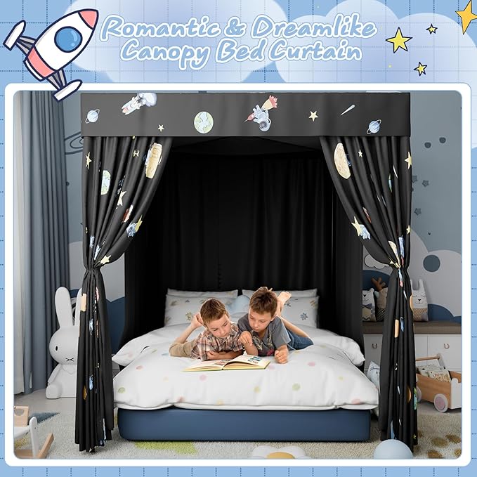 Hvqic Black Canopy Bed Curtains - 4 Corner Post Bed Curtains Twin Bed Curtains Lightproof Drapes Bed Canopy for Adults & Girls Bedroom Decoration(Twin,Black-Planet)