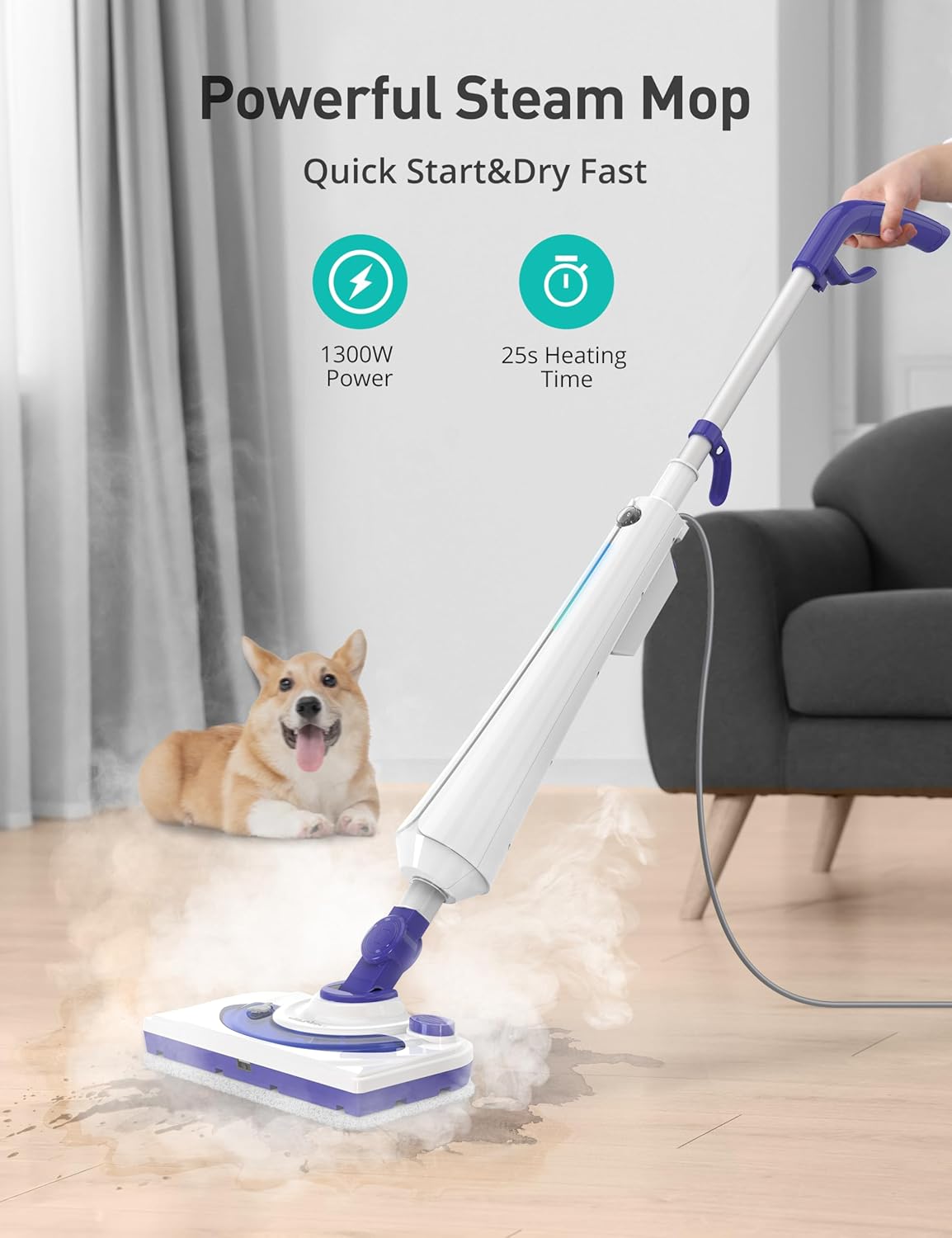 Professional Steam Mop Cleaner, 1300W Floor Steamer with Detergent Chamber, 25S Heat Up, Lightweight Steamer for Cleaning with 2 Washable Pads, Safe for Tiles, Upholstery, Carpet, Hardwood, Navy