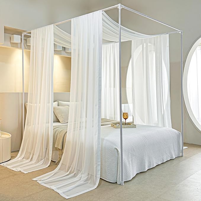 AIKASY White Bed Canopy Scarf for King - Luxury Sheer Canopy Bed Curtains with Light - Suitable for Four-Poster Bed, Metal Bed Frame, Wood Bed Frame -2pic
