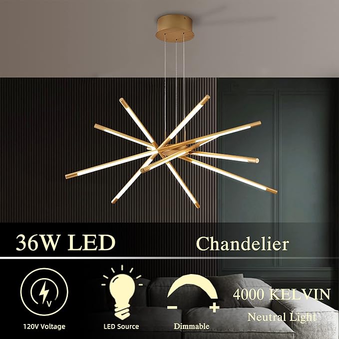 Gold 12-Light Modern Led Chandelier Flush Mount DIY Linear Art Deco Chandeliers Fixture for Dining Room，Staircase Bedroom，Bathroom，Living Room，Foyer and Kitchen Island Easy to Install Lamp
