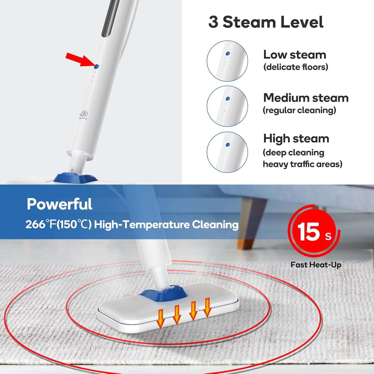 Steam Mop for Floor Cleaning,15-Second Setup,Chemical-Free Floor Steam Cleaner for Hardwood,Laminate,Tile&Greasy Spots.Ergonomic Design with Hands-Free Standing,3 Steam Settings,Reusable Washable Pads