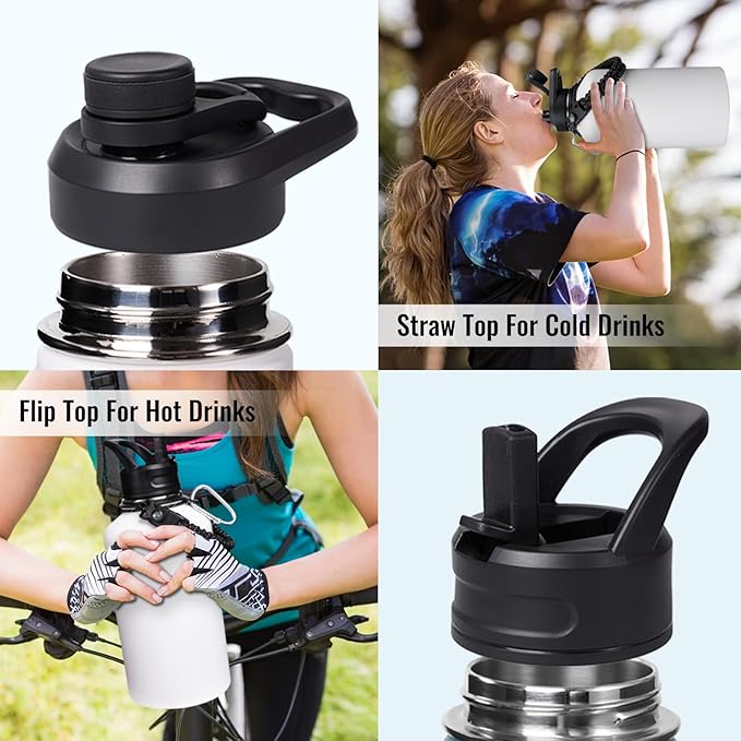 Half Gallon Water Bottle with Straw&Spout Lid, 64oz Stainless Steel Insulated Water Jug with Handle and Wide Mouth, Half Gallon Vacuum Double Walled Jug for Sports, Outdoors, Leak-Proof. White 64oz