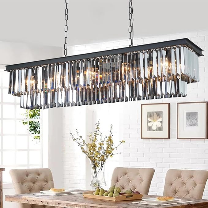 Crystal Chandeliers for Dining Room 47.3" 12 Lights Elegant Pendant Ceiling Lighting Rectangle Contemporary Pendant Light Fixture