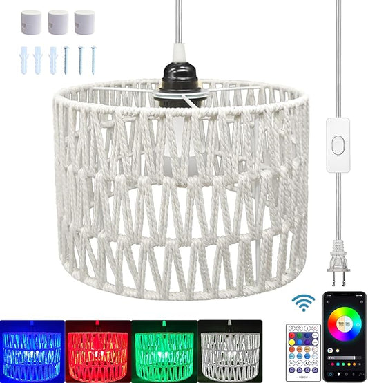 Hanging Lamp Plug in Rattan Hanging Lights with Plug in Cord, Woven Pendant Light with Smart RGB Bulb and Remote Control for Bedroom Living Room Farmhouse Kitchen (White, Barrel Shade)