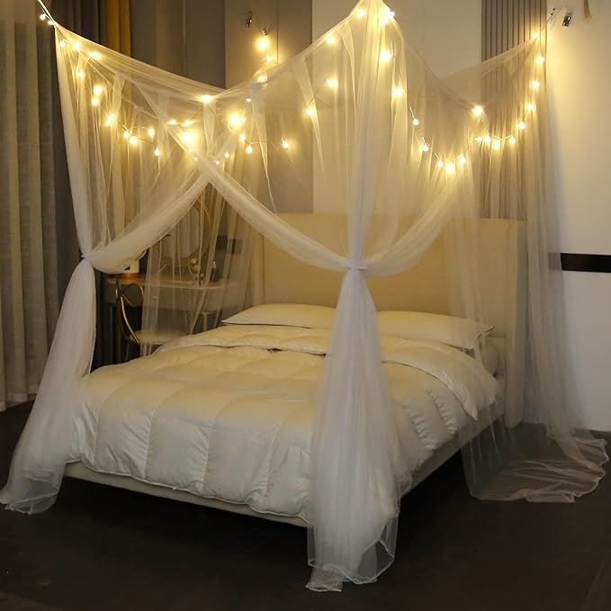 Mengersi Bed Canopy with Lights,4 Corner Post Bed Drapes Canopy for Bed,Canopy Bed Curtains Elegant Bedroom Decoration Accessories
