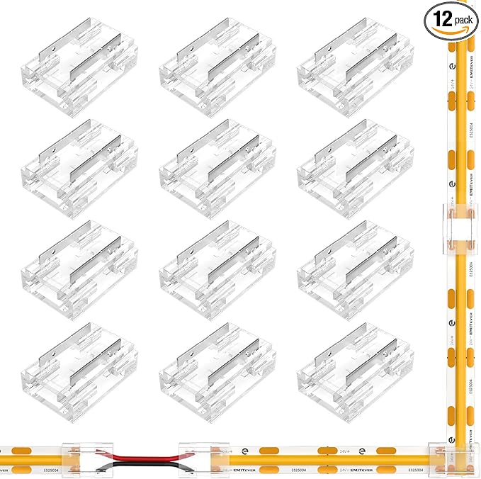 EMITEVER 8-in-1 LED Strip Connectors 12pcs, 2 Pin 8mm COB Tape Lights Terminal Connectors 8 Types Solderless Transparent Connection for 5V 12V 24V（Straight, Corner, Strip to Strip, Strip to Wire）