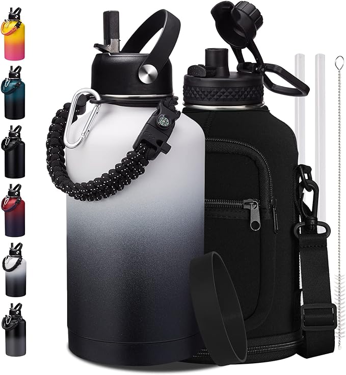 Half Gallon Water-Bottle with straw - 64oz Vacuum Insulated Water Bottles with Paracord Handle, Straw Spout Lids, Water Bottle Carrier Holder, Protective Cup Mat, 2 Liter Stainless Steel Water Jug