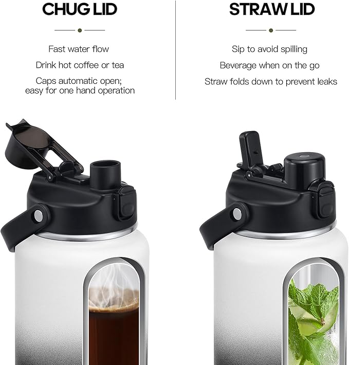 Half Gallon Insulated Water Bottle with 2-in-1 Lid (Chug Lid/Straw Lid), 40/64oz Double Walled Vacuum Stainless Steel Water Bottles, Water Jug with Straw