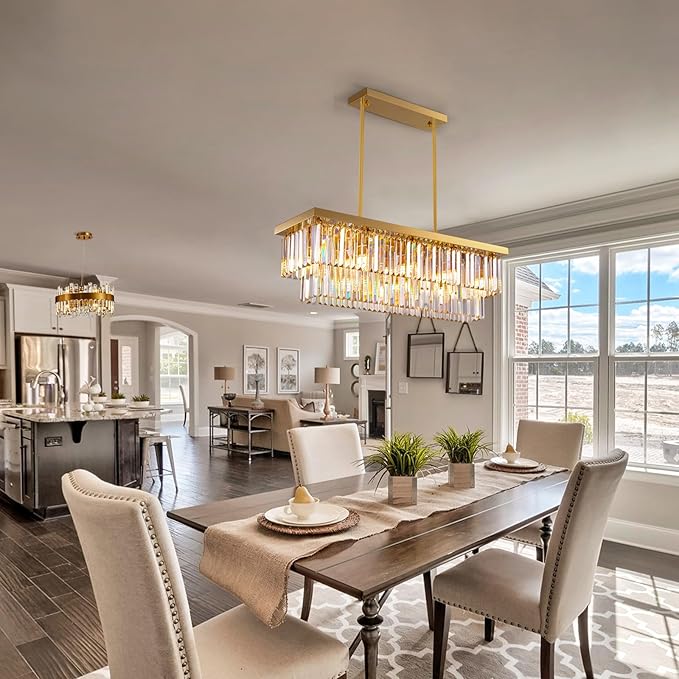 Siljoy 10 Lights Modern Crystal Chandelier Gold Rectangular 2 Tiers Crystal Raindrop Chandelier Luxury Adjustable Rectangle Flush Mount Pendant Ceiling Light for Dining Room Kitchen Island Bar L40''