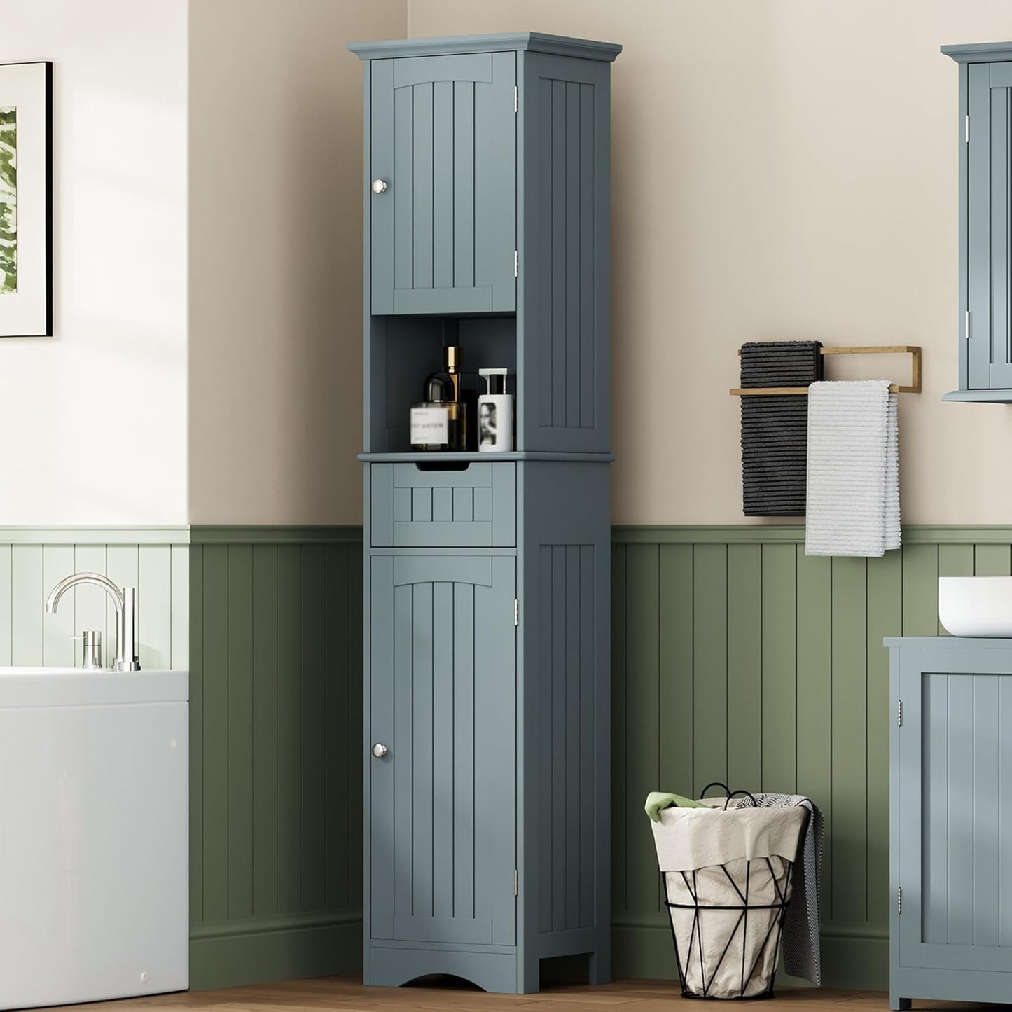 ChooChoo 67" Tall Bathroom Storage Cabinet Freestanding with Adjustable Shelves, Narrow Storage Linen Cabinet with 2 Doors and 1 Drawers for Bathroom, Living Room, Kitchen, Grey