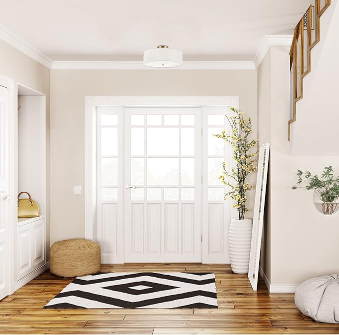 Globe Electric 60998 2-Light Flush Mount Ceiling Light, Matte Brass, White Linen Shade, Kitchen, Lights, Bathroom, Home Essentials, Bedroom, Closet Light, Lighting Fixtures, Dining Room