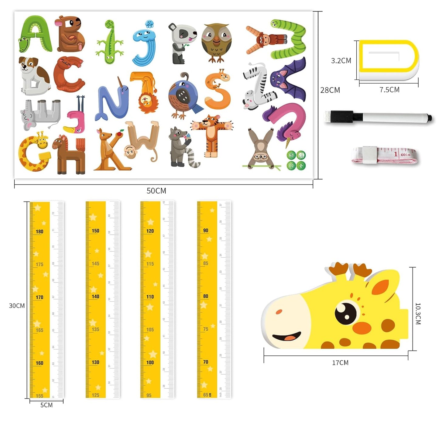 Kids Growth Chart Height Measure Wall Decal Animal Alphabet Stickers Giraffe Design Removable Wall Decorations
