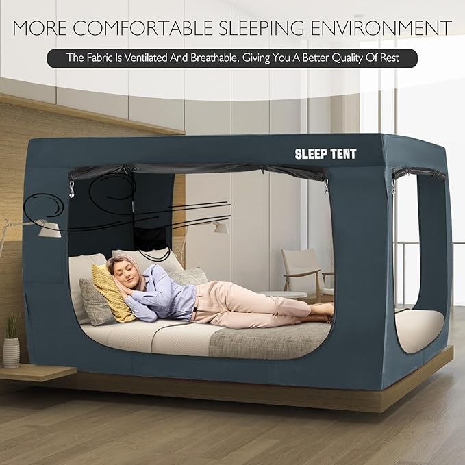 BORNA Bed Tent Queen Bed Canopy for Indoor Portable Light Reducing Sleeping Canopy for Kids and Adult,Bunk Blackout Tents Breathable Privacy Space Tent Mosquito Netting for Bed(Navy Blue)