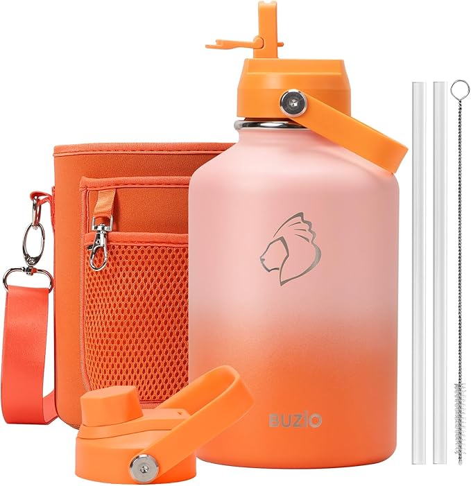 Half Gallon Water Bottle, BUZIO 64 oz Insulated Stainless Steel Water Bottles with Straw Lid Leak Proof water jug, Keep Cold 48H Lead-Free Double Wall Vacuum Metal Mug for Sport Camping Beach, Orange