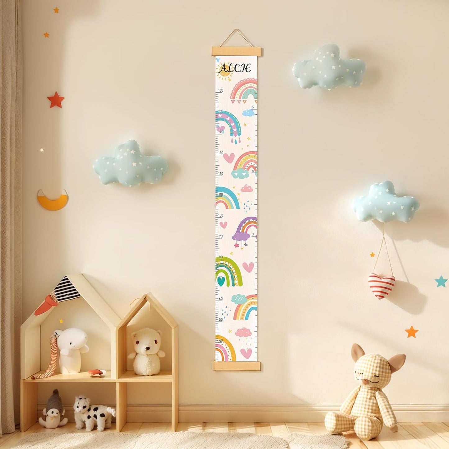 Personalized Name Growth Chart Wall Decor for Kids – Canvas Removable Height Chart Measuring Ruler 59" x 7.9" (Rainbows)