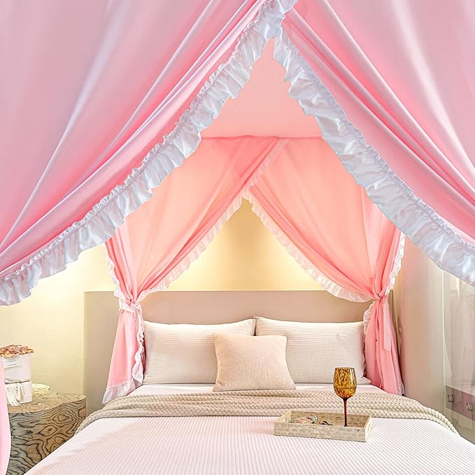 AIKASY Peach Pink Canopy Bed Curtains with Top Ties and Tie Backs for Bedroom Decoration - King Size Bed Curtains with Windproof and Lightproof Features
