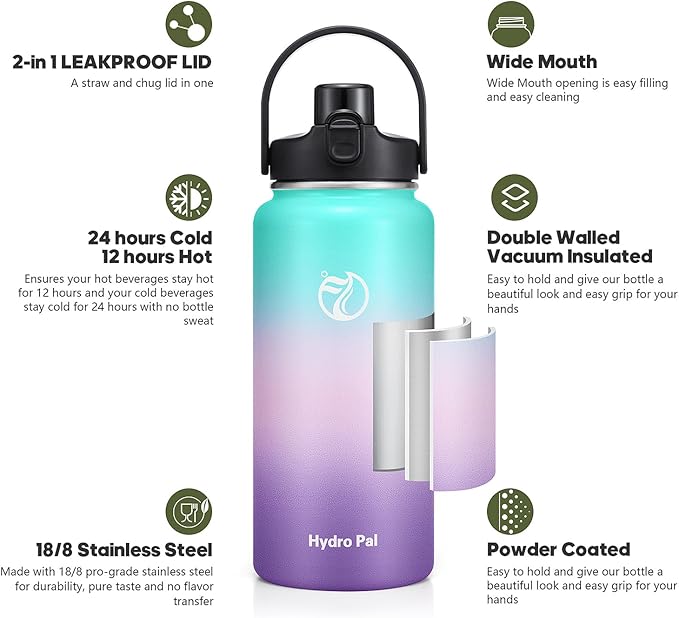 Half Gallon Insulated Water Bottle with 2-in-1 Lid (Chug Lid/Straw Lid), 40/64oz Double Walled Vacuum Stainless Steel Water Bottles, Water Jug with Straw