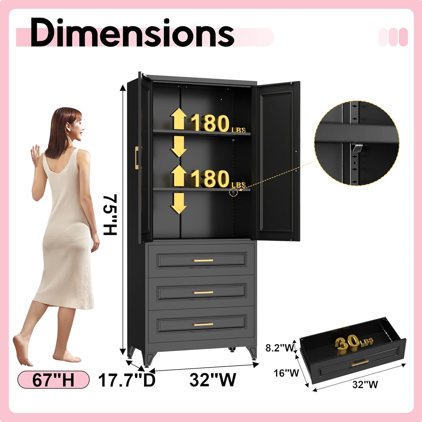 Pantry Kitchen Cabinet with Drawer, 75" Tall Pantry Storage Cabinet, Metal Storage Cabinets with Doors and Shelves, Large Freestanding Cupboard for Dining Room, Assembly Required, Black